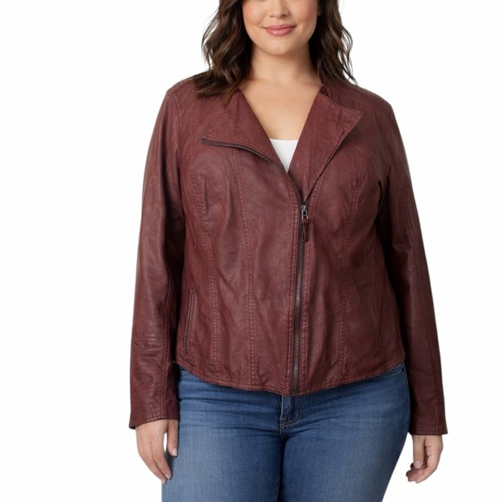 Maurices Faux Leather Moto Jacket Women’s Size 3X Brown Asymmetrical Zip Casual